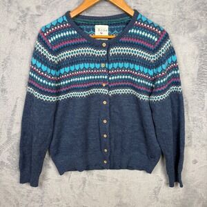 Country Rose Women Navy Blue‎ Fair Isle Knit Cardigan Sweater Size L Nordic